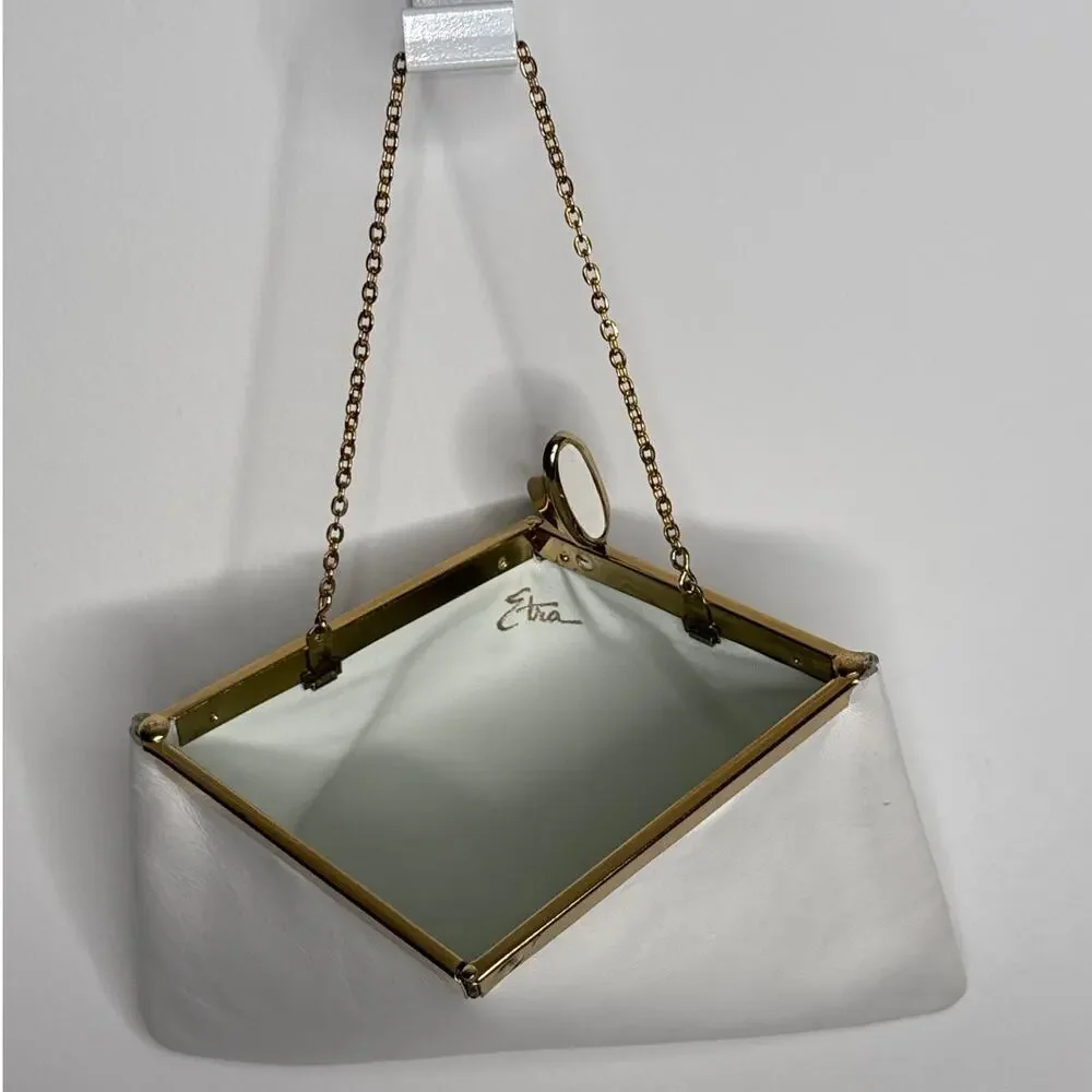 70s Etra white clutch with gold metal frame and matching gold chain strap